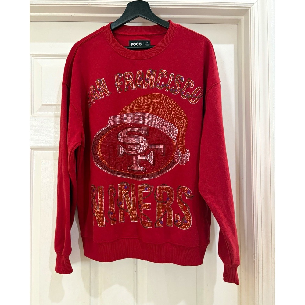 FOCO San Francisco 49ers NFL Red Crewneck Sweatshirt Rhinestone Santa Hat M